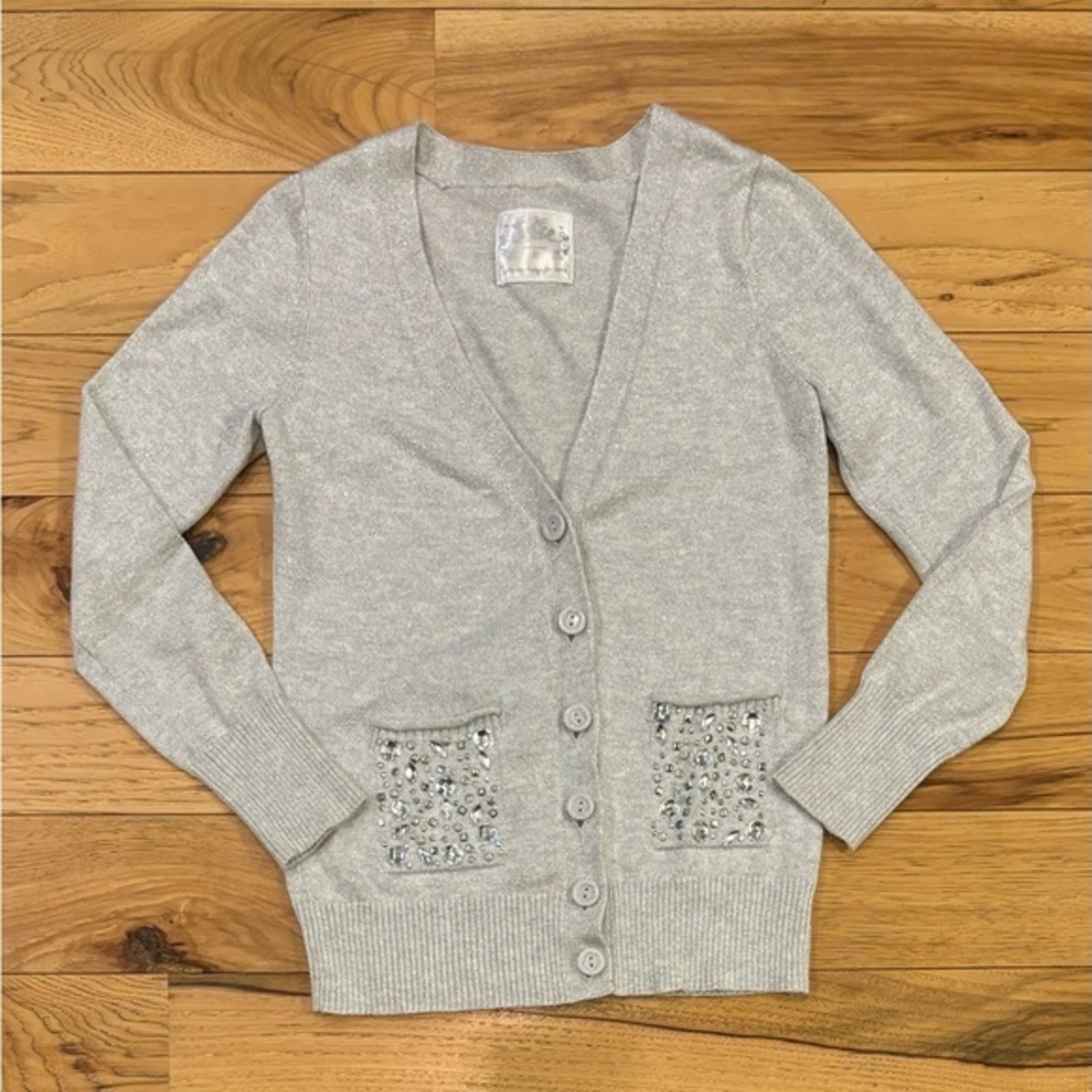 Justice Silvery Gray Cardigan Sweater w Buttons & Jeweled Pockets Girls Size 10